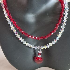 Elegant Red and Clear Swarovski Crystal Necklace. One Of A Kind